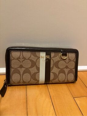 Coach Brown and Cream Signature Stripe Zip Wallet